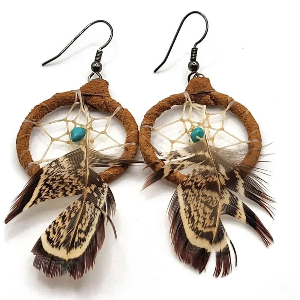 Native American Leather Strap Dream Catcher Earrings Turquoise feathers 3in